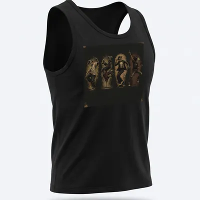 Vintage distressed t-shirt featuring dancing skeletons in black and cream — printed on a tank top
