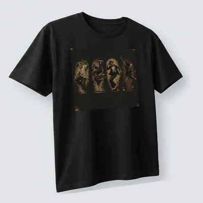 Vintage distressed t-shirt featuring dancing skeletons in black and cream — printed on a unisex t-shirt (angled view)