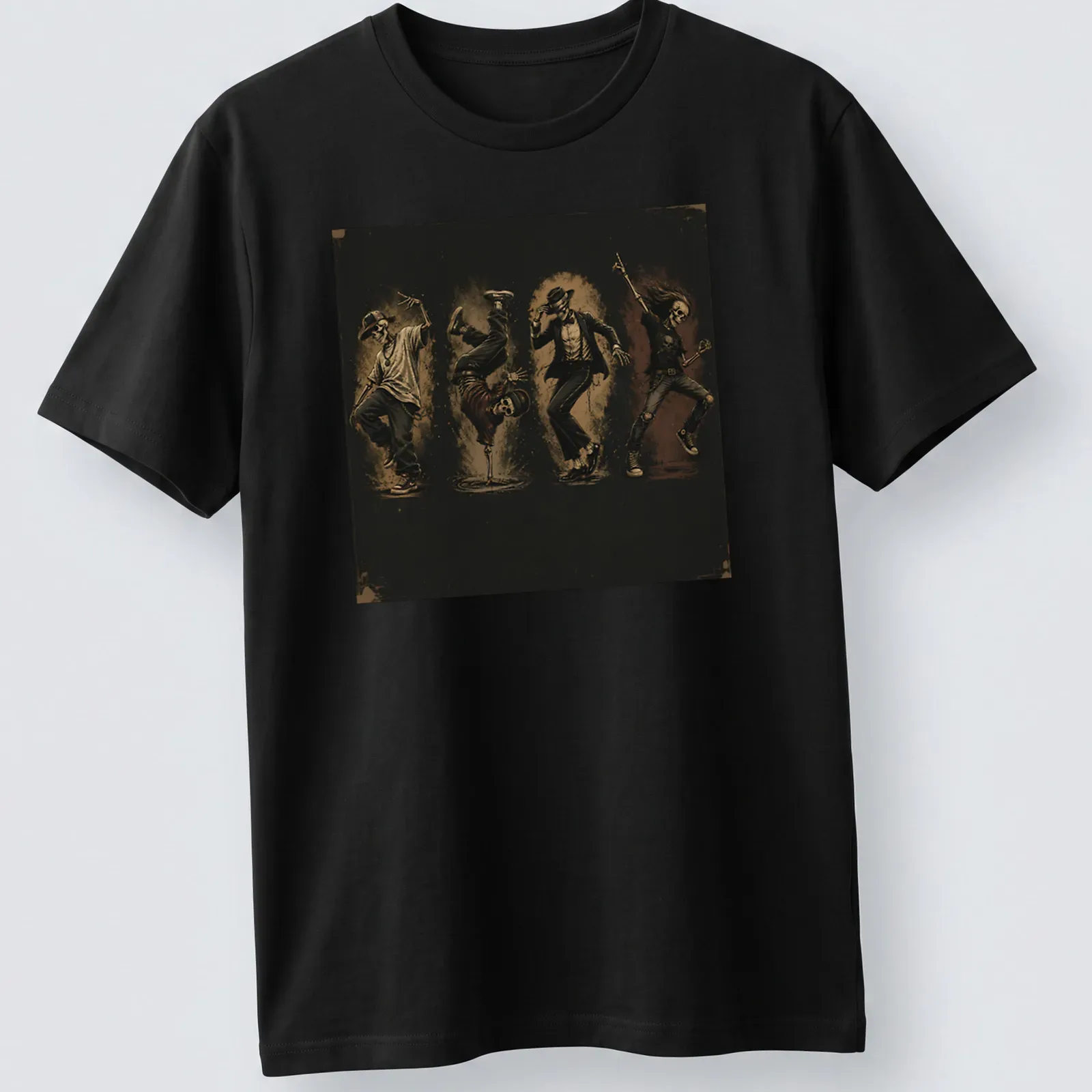 Vintage distressed t-shirt featuring dancing skeletons in black and cream — printed on a unisex t-shirt