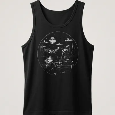 Vintage illustration of a skeleton fisherman on a lake with humorous text. — printed on a tank top