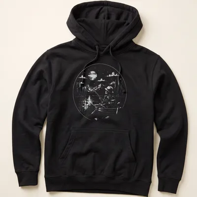 Vintage illustration of a skeleton fisherman on a lake with humorous text. — printed on a unisex hoodie
