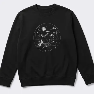Vintage illustration of a skeleton fisherman on a lake with humorous text. — printed on a unisex sweatshirt