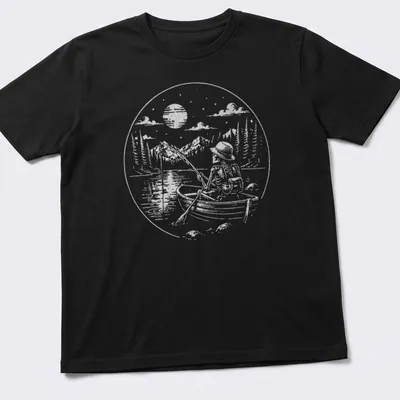 Vintage illustration of a skeleton fisherman on a lake with humorous text.