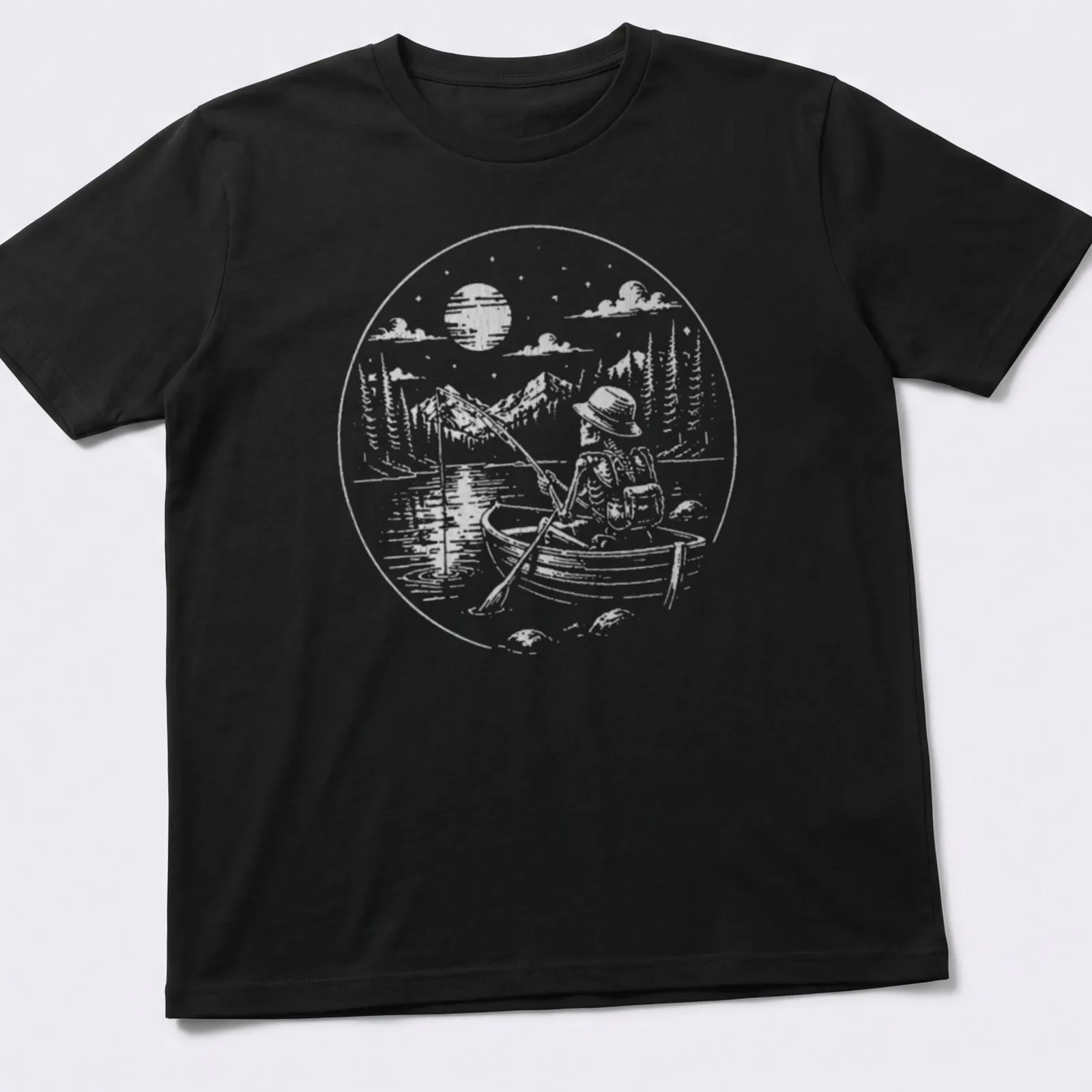 Vintage illustration of a skeleton fisherman on a lake with humorous text. — printed on a unisex t-shirt