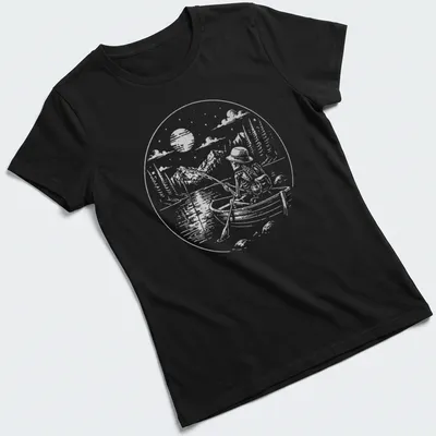 Vintage illustration of a skeleton fisherman on a lake with humorous text. — printed on a women's shirt