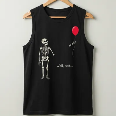 Cartoonish design of a skeleton holding a red balloon with text 'Well, shit...' — printed on a tank top