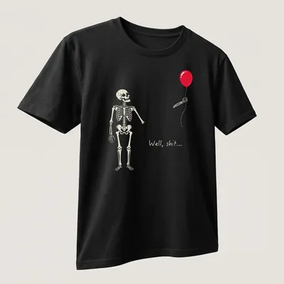 Cartoonish design of a skeleton holding a red balloon with text 'Well, shit...' — printed on a unisex t-shirt (angled view)