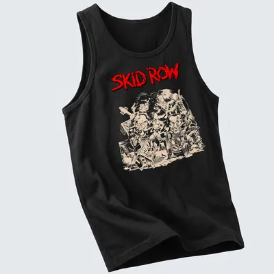 Illustrative design featuring Skid Row band members and musical instruments in red, beige, and black — printed on a tank top