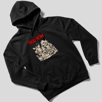 Illustrative design featuring Skid Row band members and musical instruments in red, beige, and black — printed on a unisex hoodie