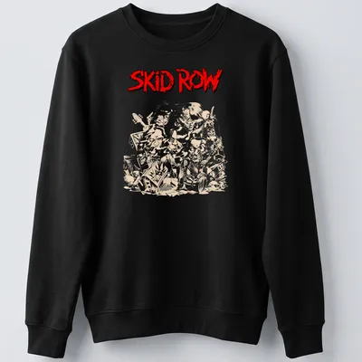 Illustrative design featuring Skid Row band members and musical instruments in red, beige, and black — printed on a unisex sweatshirt