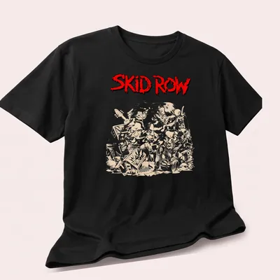 Illustrative design featuring Skid Row band members and musical instruments in red, beige, and black — printed on a unisex t-shirt (angled view)