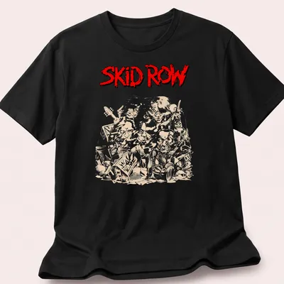 Illustrative design featuring Skid Row band members and musical instruments in red, beige, and black