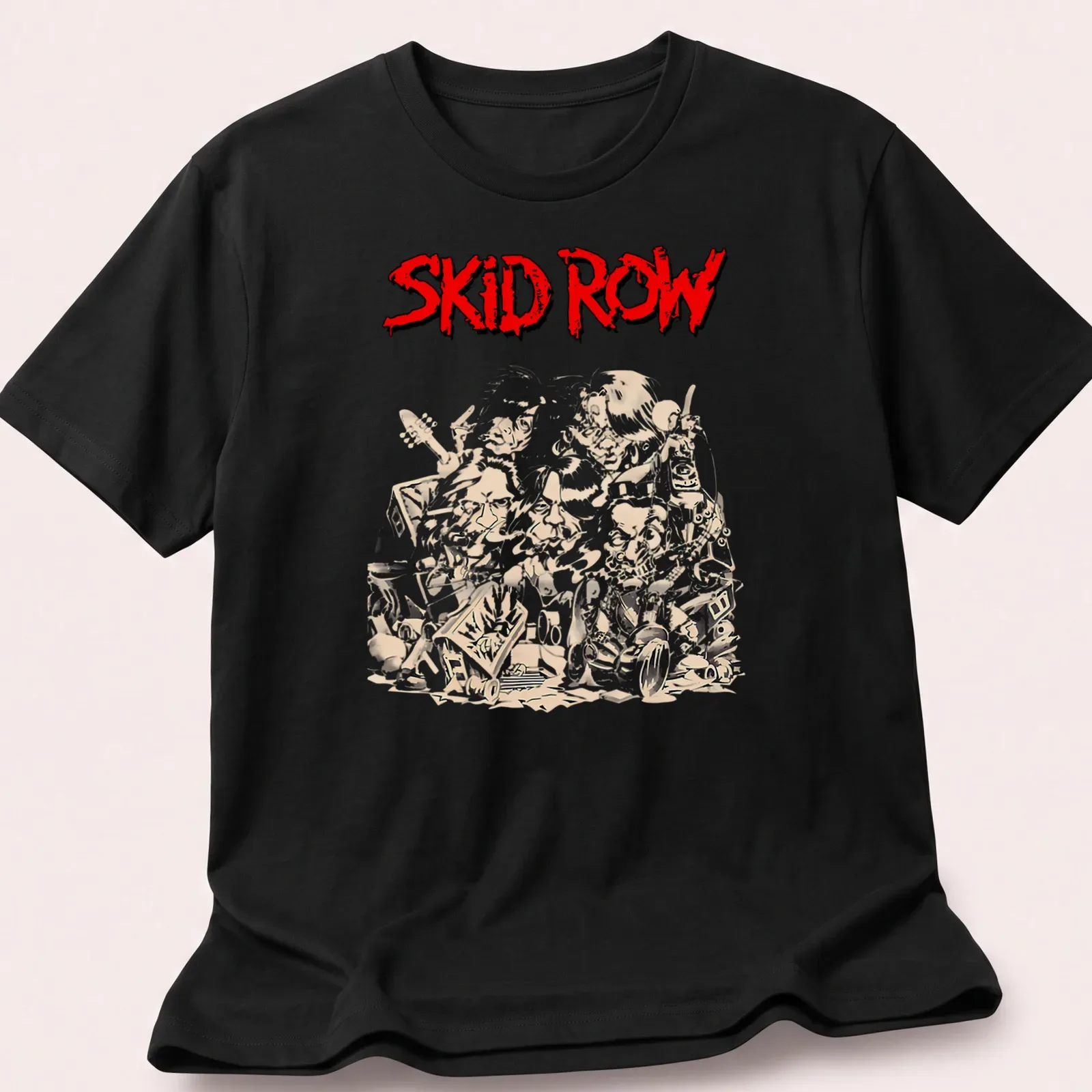 Illustrative design featuring Skid Row band members and musical instruments in red, beige, and black — printed on a unisex t-shirt