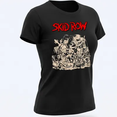Illustrative design featuring Skid Row band members and musical instruments in red, beige, and black — printed on a women's shirt