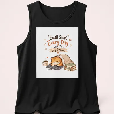 Cute illustrated orange tabby cat with motivational text about dreams and steps. — printed on a tank top