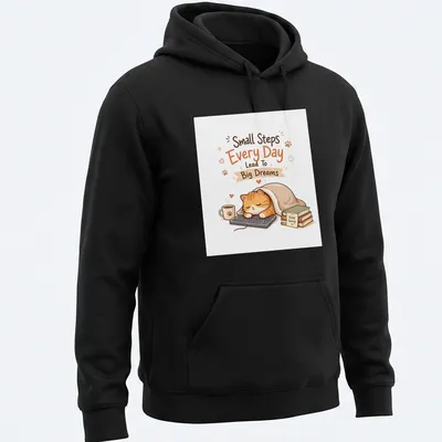 Cute illustrated orange tabby cat with motivational text about dreams and steps. — printed on a unisex hoodie