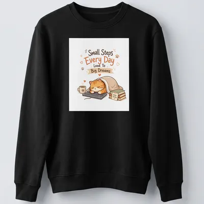 Cute illustrated orange tabby cat with motivational text about dreams and steps. — printed on a unisex sweatshirt