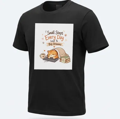 Cute illustrated orange tabby cat with motivational text about dreams and steps. — printed on a unisex t-shirt