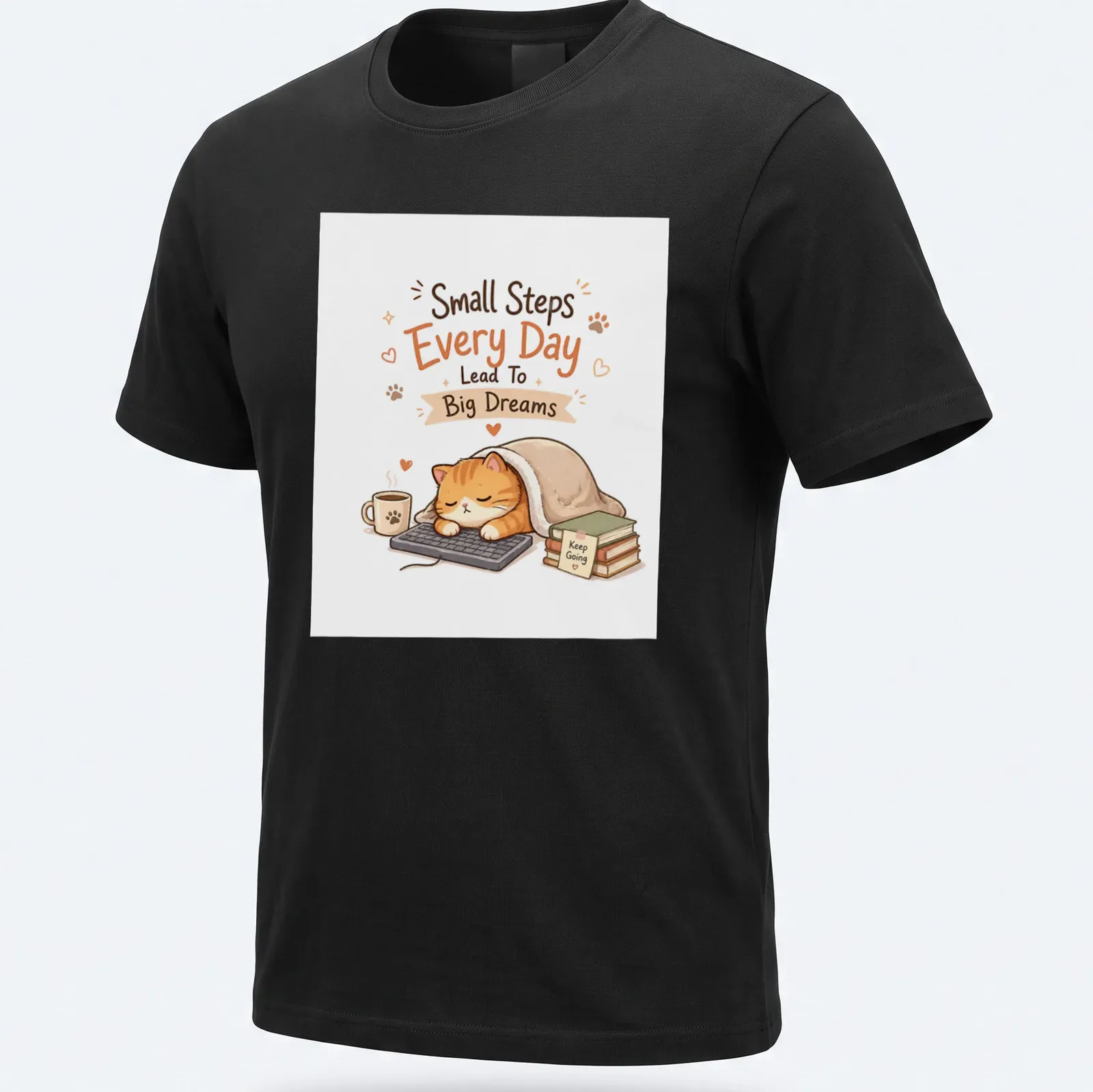 Cute illustrated orange tabby cat with motivational text about dreams and steps. — printed on a unisex t-shirt
