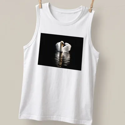 Photographic print of a solitary swan on dark waters in black and gray — printed on a tank top
