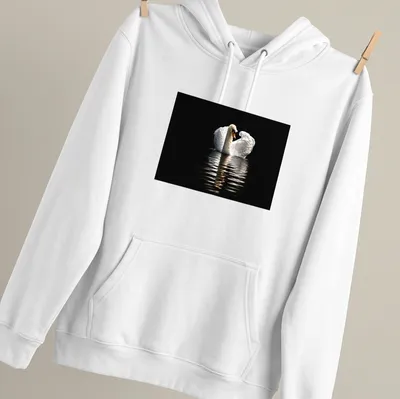 Photographic print of a solitary swan on dark waters in black and gray — printed on a unisex hoodie