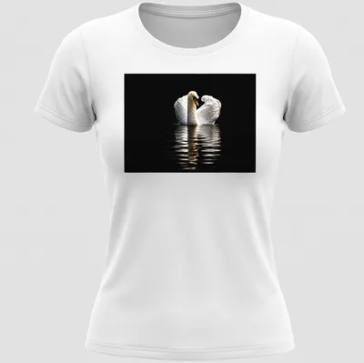 Photographic print of a solitary swan on dark waters in black and gray — printed on a women's shirt