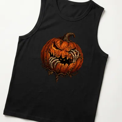 Detailed illustration of a scary pumpkin with the text 'Something Inside' in orange and black — printed on a tank top