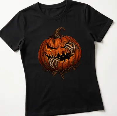 Detailed illustration of a scary pumpkin with the text 'Something Inside' in orange and black — printed on a women's shirt