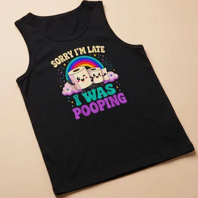 Kawaii-style shirt featuring pastel-colored toilet paper rolls and humorous text — printed on a tank top