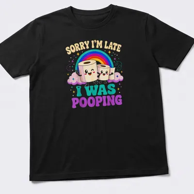 Kawaii-style shirt featuring pastel-colored toilet paper rolls and humorous text