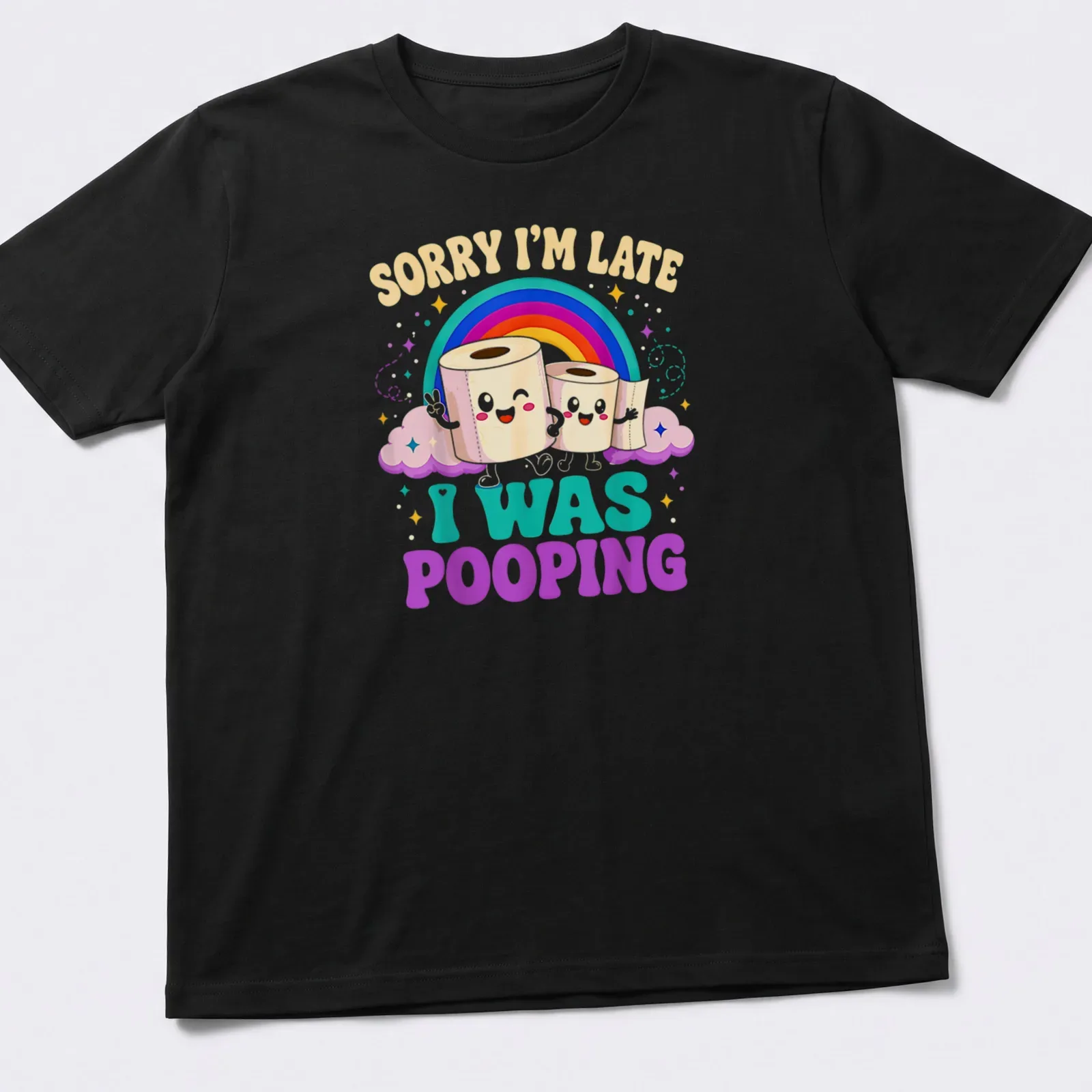 Kawaii-style shirt featuring pastel-colored toilet paper rolls and humorous text — printed on a unisex t-shirt