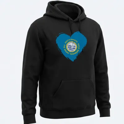 Distressed heart design featuring the South Dakota state flag and text — printed on a unisex hoodie