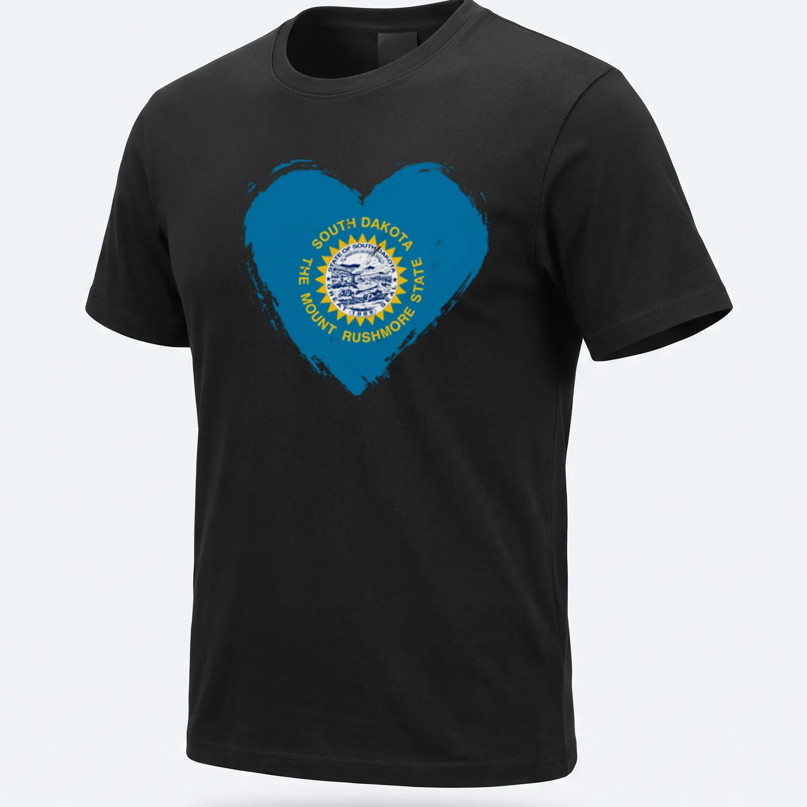 Distressed heart design featuring the South Dakota state flag and text — printed on a unisex t-shirt
