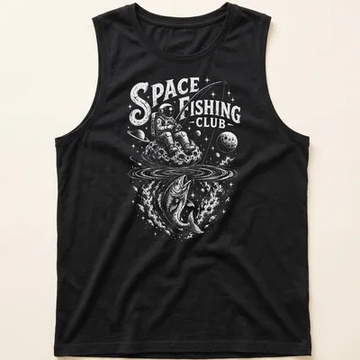 Illustration of an astronaut fishing in space with a cosmic background — printed on a tank top