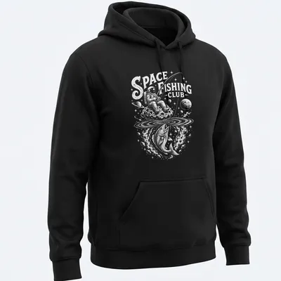 Illustration of an astronaut fishing in space with a cosmic background — printed on a unisex hoodie