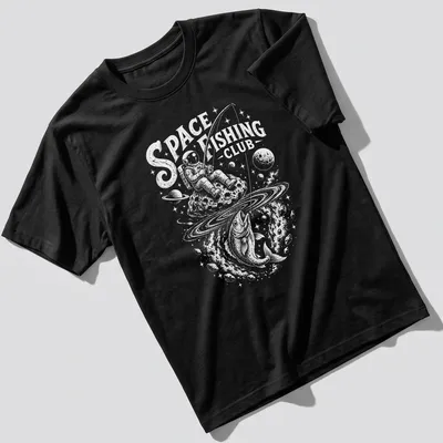 Illustration of an astronaut fishing in space with a cosmic background — printed on a unisex t-shirt