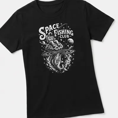 Illustration of an astronaut fishing in space with a cosmic background — printed on a women's shirt