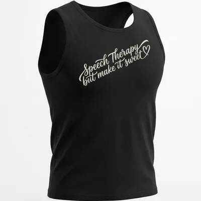 Script lettering t-shirt with the quote on speech therapy in beige tones — printed on a tank top