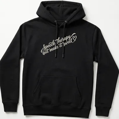 Script lettering t-shirt with the quote on speech therapy in beige tones — printed on a unisex hoodie
