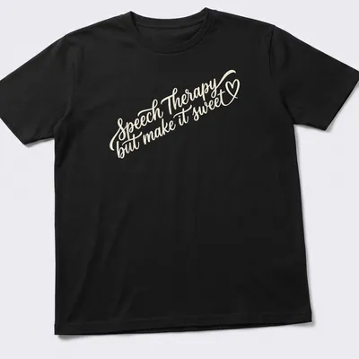 Script lettering t-shirt with the quote on speech therapy in beige tones — printed on a unisex t-shirt