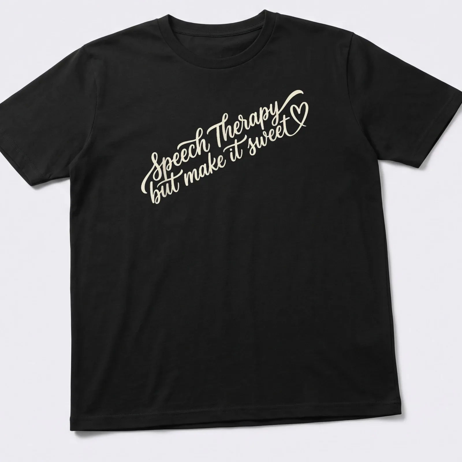 Script lettering t-shirt with the quote on speech therapy in beige tones — printed on a unisex t-shirt