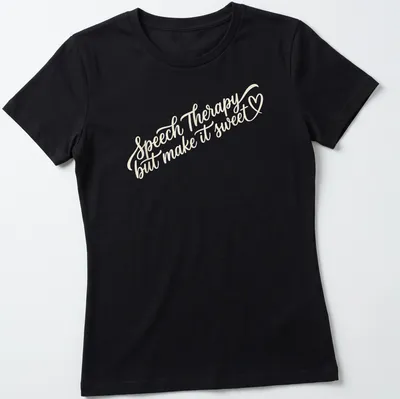 Script lettering t-shirt with the quote on speech therapy in beige tones — printed on a women's shirt