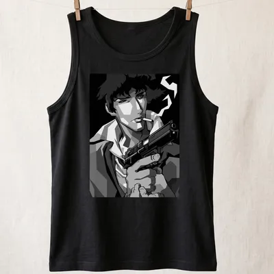 Spike Spiegel from Cowboy Bebop illustrated in black and white geometric style with gun — printed on a tank top