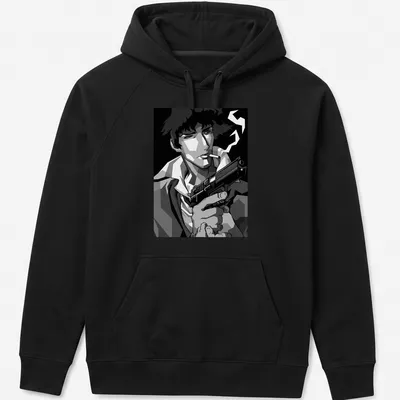 Spike Spiegel from Cowboy Bebop illustrated in black and white geometric style with gun — printed on a unisex hoodie