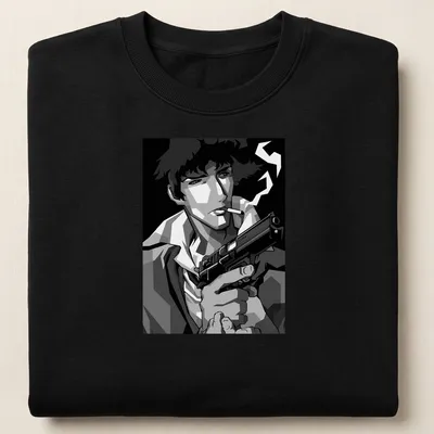 Spike Spiegel from Cowboy Bebop illustrated in black and white geometric style with gun — printed on a unisex sweatshirt