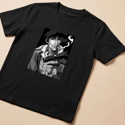 Spike Spiegel from Cowboy Bebop illustrated in black and white geometric style with gun
