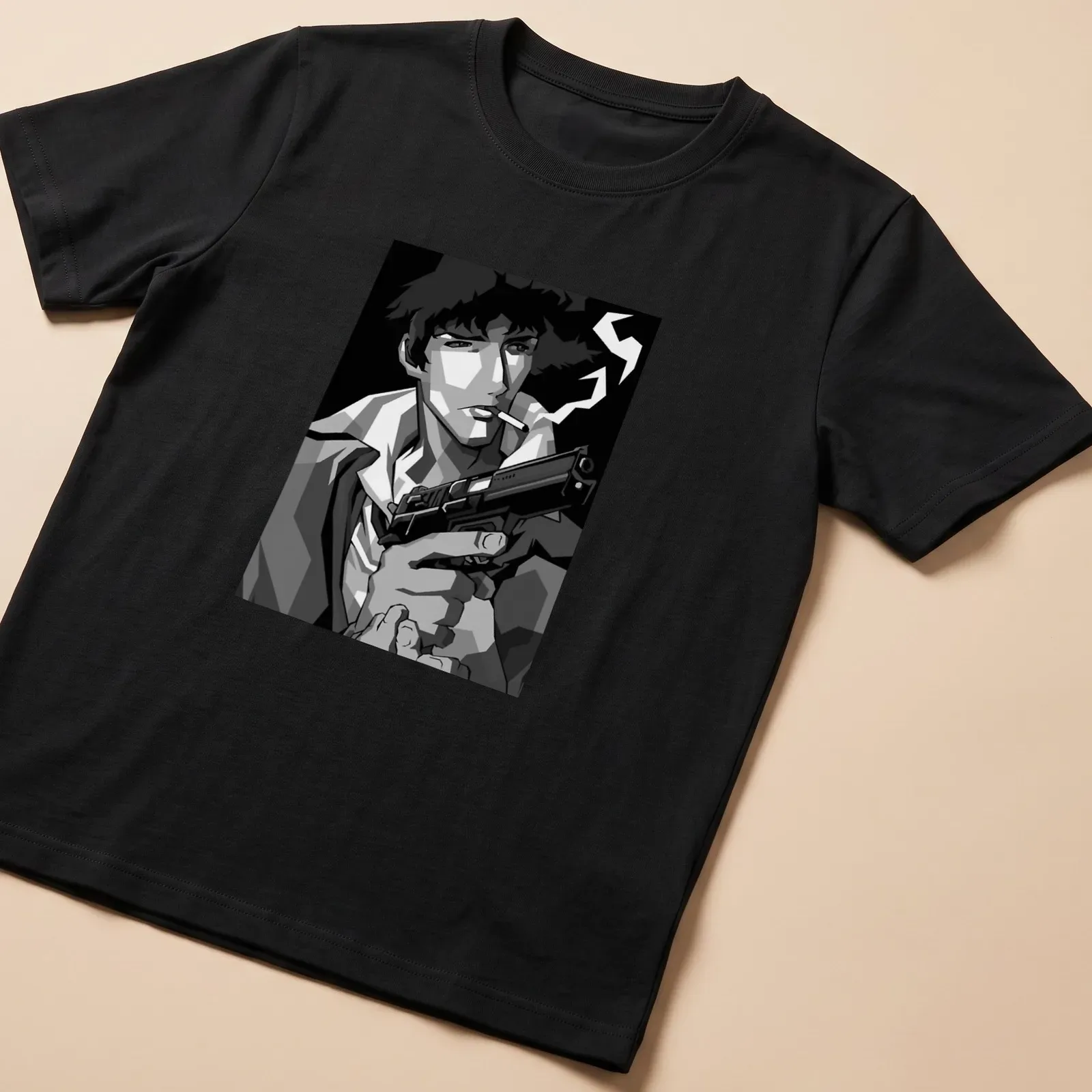 Spike Spiegel from Cowboy Bebop illustrated in black and white geometric style with gun — printed on a unisex t-shirt