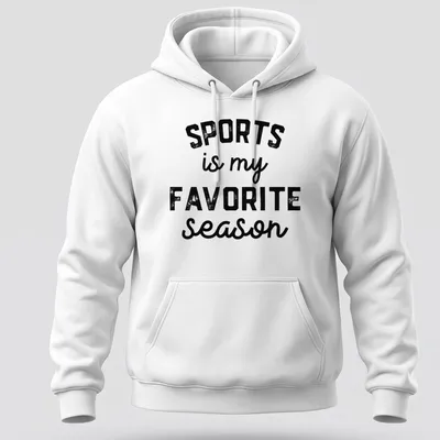 Bold vintage print t-shirt displaying 'SPORTS is my FAVORITE season' in black and white. — printed on a unisex hoodie