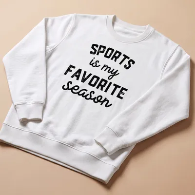 Bold vintage print t-shirt displaying 'SPORTS is my FAVORITE season' in black and white. — printed on a unisex sweatshirt