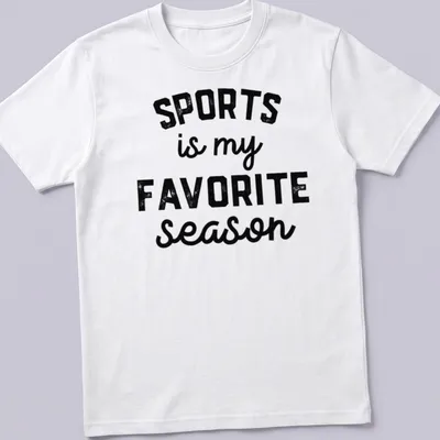 Bold vintage print t-shirt displaying 'SPORTS is my FAVORITE season' in black and white.
